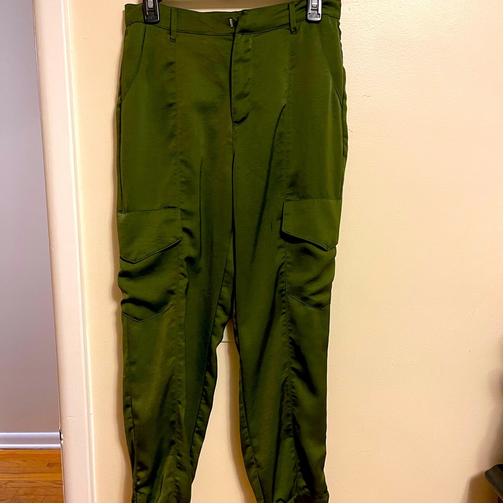 Olive green silk joggers